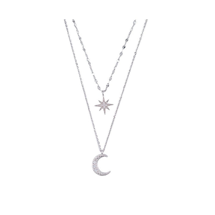 Doppelte Halskette Damen aus 925er Sterlingsilber mit Mond-Anhänger, Romantisch 1