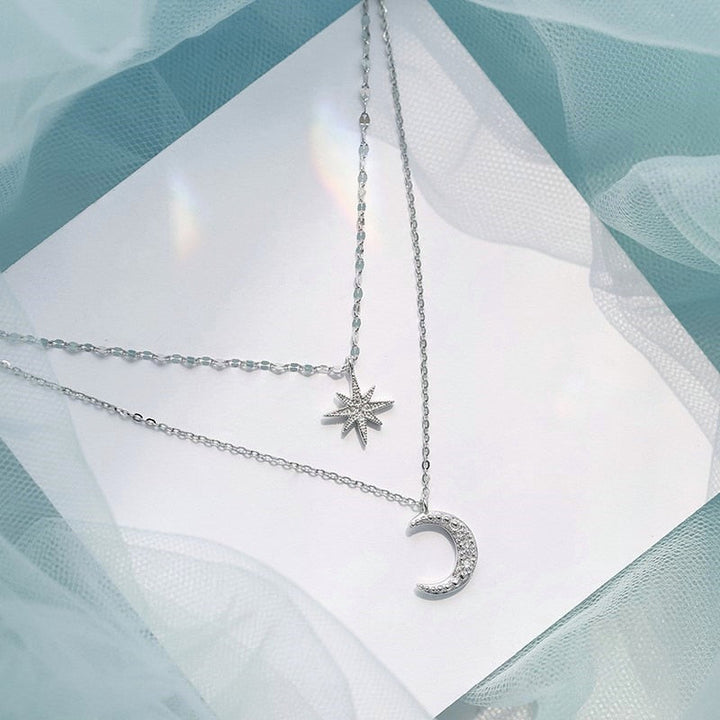 Doppelte Halskette Damen aus 925er Sterlingsilber mit Mond-Anhänger, Romantisch 2