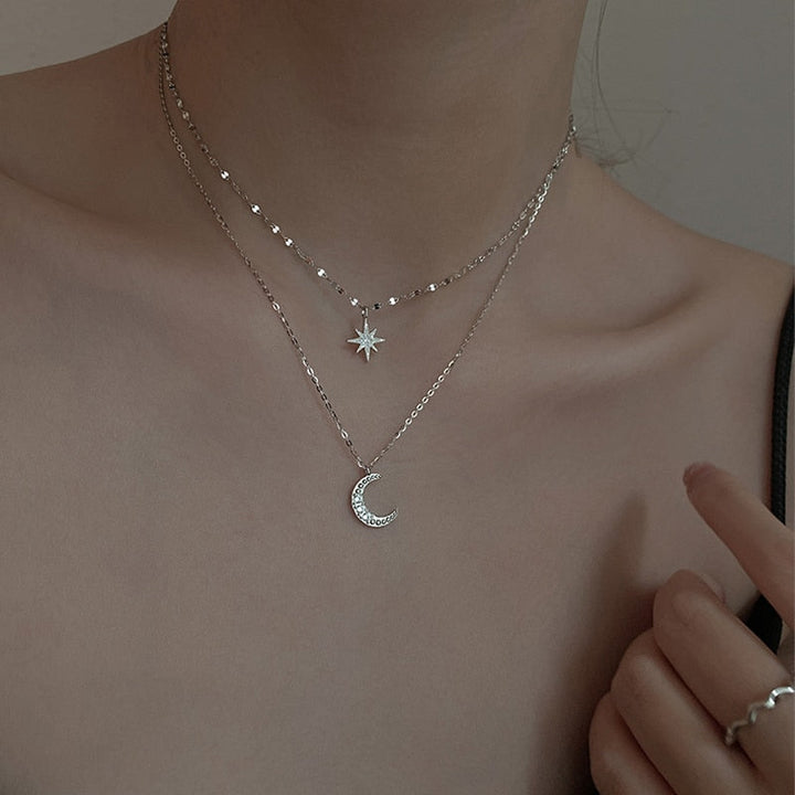 Doppelte Halskette Damen aus 925er Sterlingsilber mit Mond-Anhänger, Romantisch 3