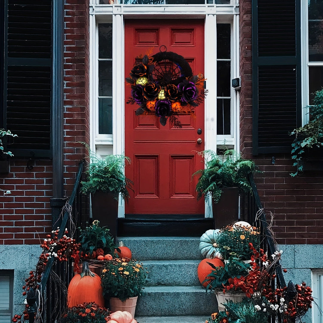 Gothic Floral Halloween Kranz mit Spinnennetz – Gruselige Türdekoration 3