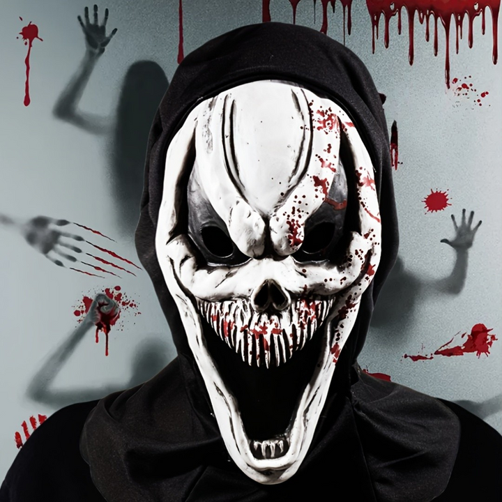 Gruselige Halloweenmaske – Vollkopf Skelett Maske mit Kapuze für Erwachsene 0