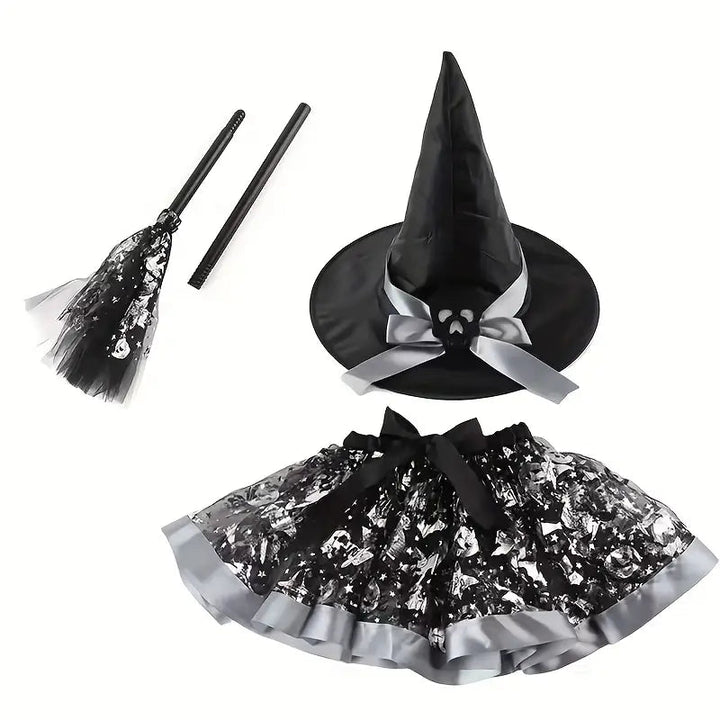 Magischer Halloween-Kostümset für Mädchen – Tüllrock, Hexenhut und Besen 2