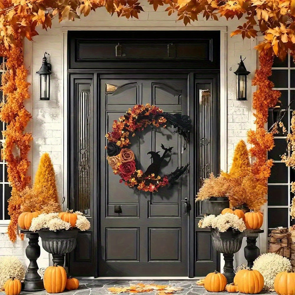 Rustikaler Halloween-Türkranz mit Mondform und Hexenmotiv aus Kunstblumen 3