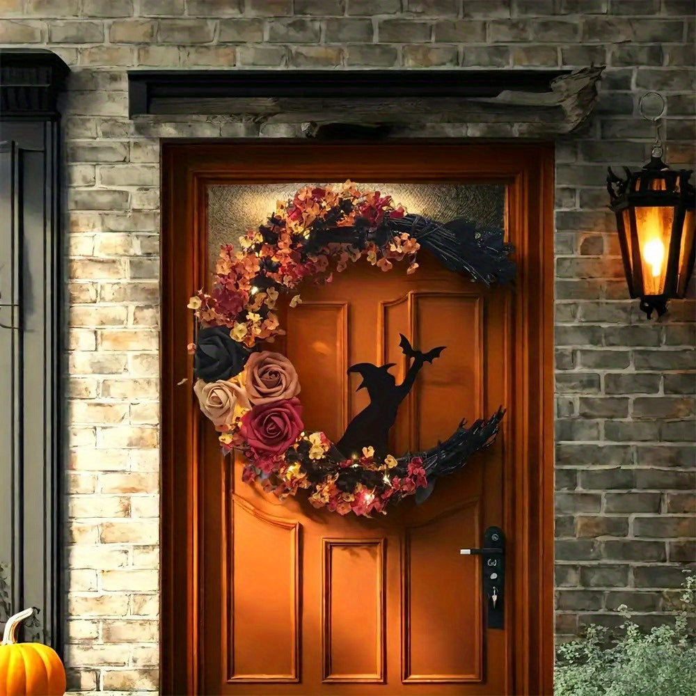 Rustikaler Halloween-Türkranz mit Mondform und Hexenmotiv aus Kunstblumen 4