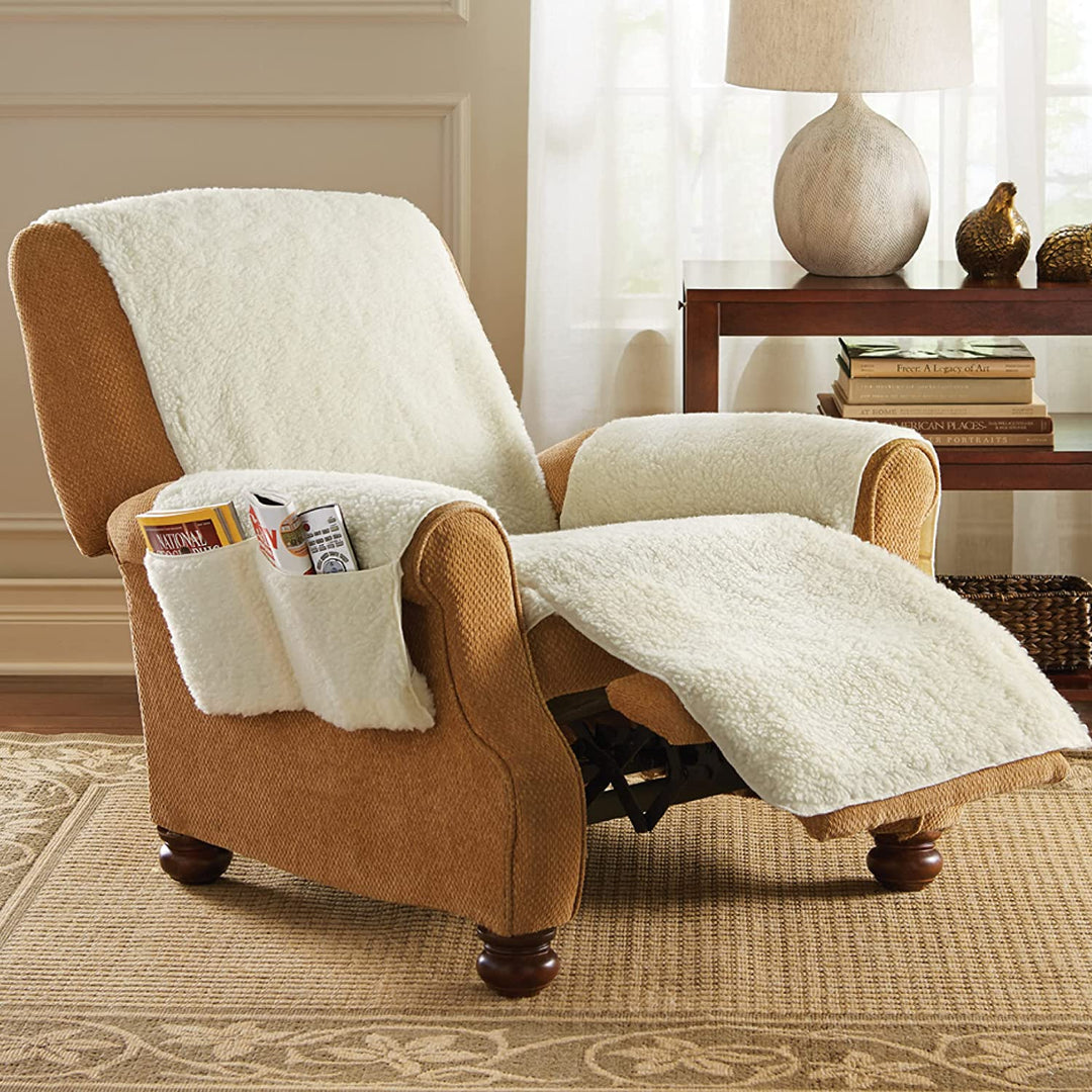 Beige Fleece Recliner Stuhlhülle mit Anti-Rutsch, Taschen & Maschinenwäsche – Komfortabel und Pflegeleicht 0