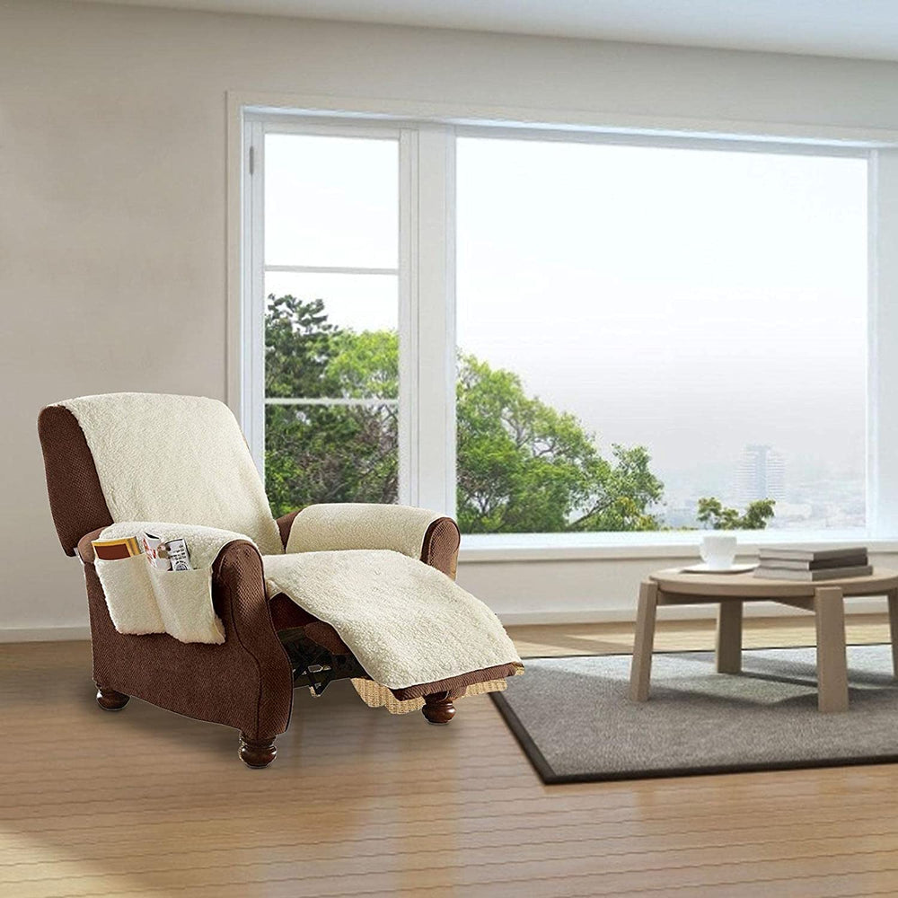 Beige Fleece Recliner Stuhlhülle mit Anti-Rutsch, Taschen & Maschinenwäsche – Komfortabel und Pflegeleicht 1