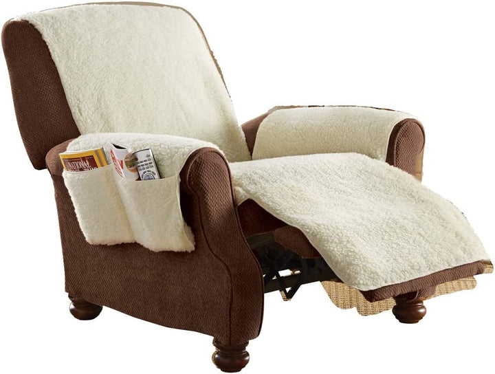 Beige Fleece Recliner Stuhlhülle mit Anti-Rutsch, Taschen & Maschinenwäsche – Komfortabel und Pflegeleicht 2