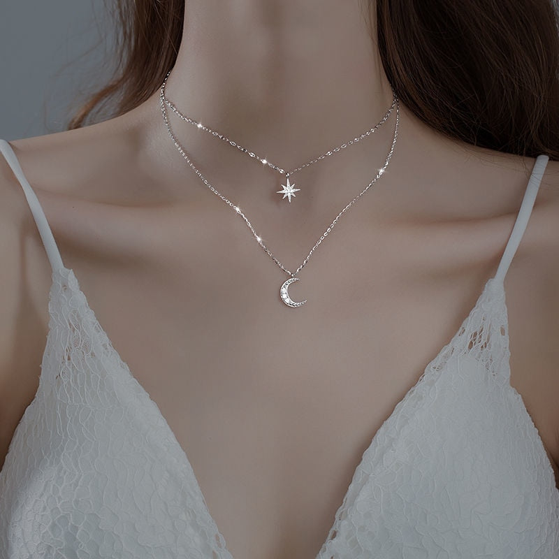 Doppelte Halskette Damen aus 925er Sterlingsilber mit Mond-Anhänger, Romantisch 0