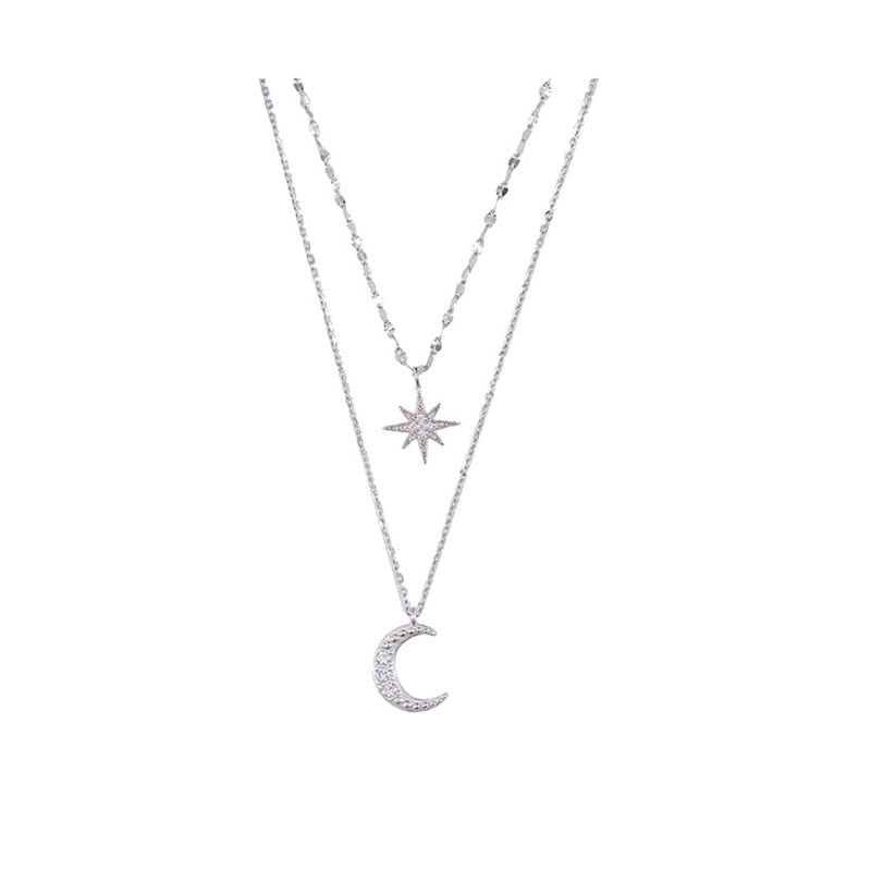 Doppelte Halskette Damen aus 925er Sterlingsilber mit Mond-Anhänger, Romantisch 1