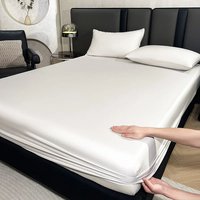 Elastisches Spannbettlaken Set aus weichem Lyocell – 150 x 200 cm + 30 cm, Weiß mit 2 Kissenbezügen 48 x 74 cm 1