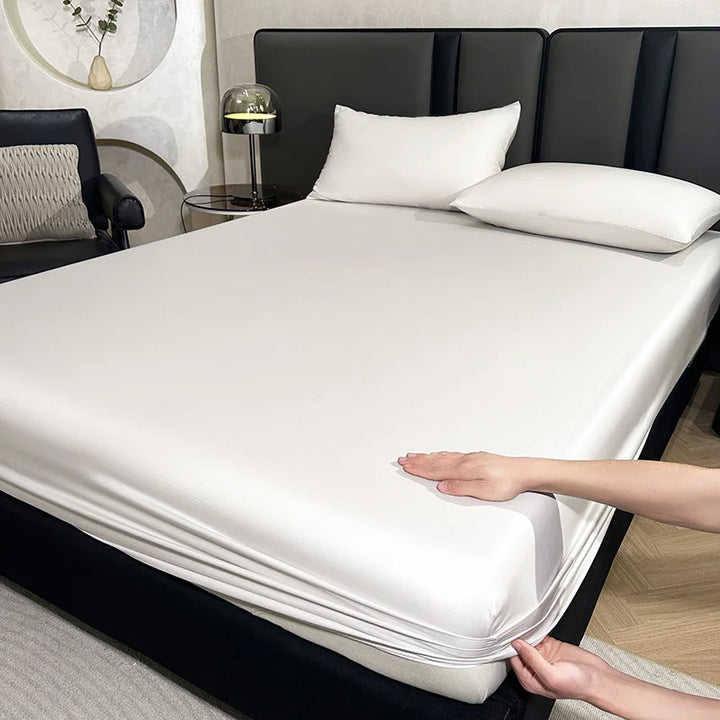 Elastisches Spannbettlaken Set aus weichem Lyocell – 150 x 200 cm + 30 cm, Weiß mit 2 Kissenbezügen 48 x 74 cm 1