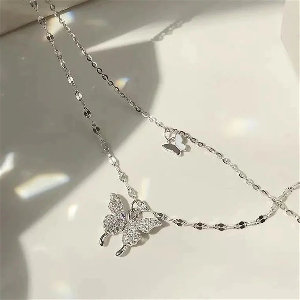 Elegante Halskette Damen aus Silber mit Zirkon-Schmetterlings-Anhänger 2