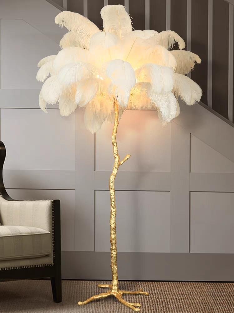 Elegante Stehlampe mit Straußenfedern für Wohnzimmer – Stilvolle Wohnraumleuchte mit sanfter Beleuchtung, 150 cm hoch, Weiß 0