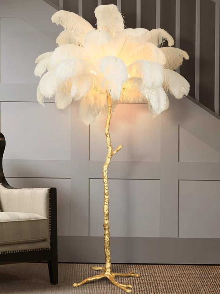 Elegante Stehlampe mit Straußenfedern für Wohnzimmer – Stilvolle Wohnraumleuchte mit sanfter Beleuchtung, 150 cm hoch, Weiß 0