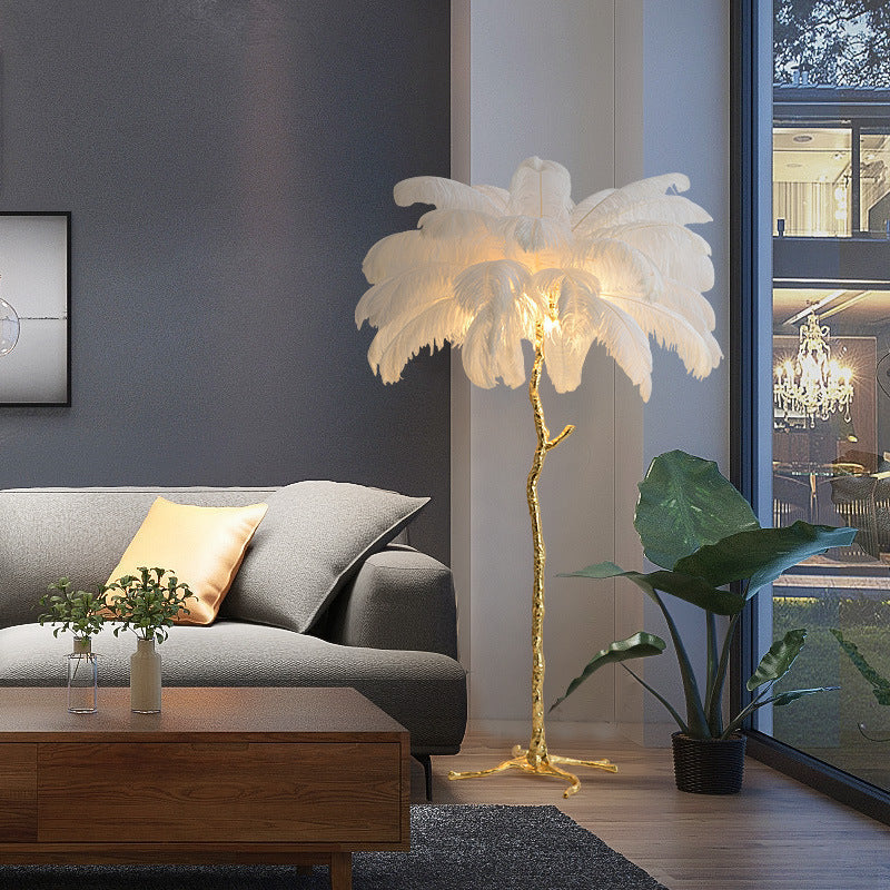 Elegante Stehlampe mit Straußenfedern für Wohnzimmer – Stilvolle Wohnraumleuchte mit sanfter Beleuchtung, 150 cm hoch, Weiß 1