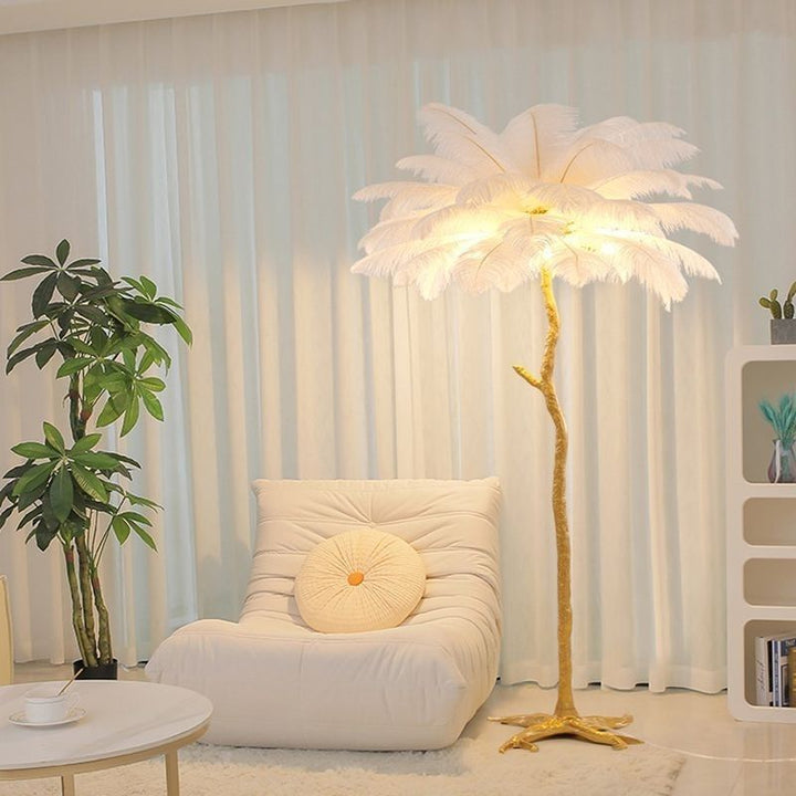 Elegante Stehlampe mit Straußenfedern für Wohnzimmer – Stilvolle Wohnraumleuchte mit sanfter Beleuchtung, 150 cm hoch, Weiß 6