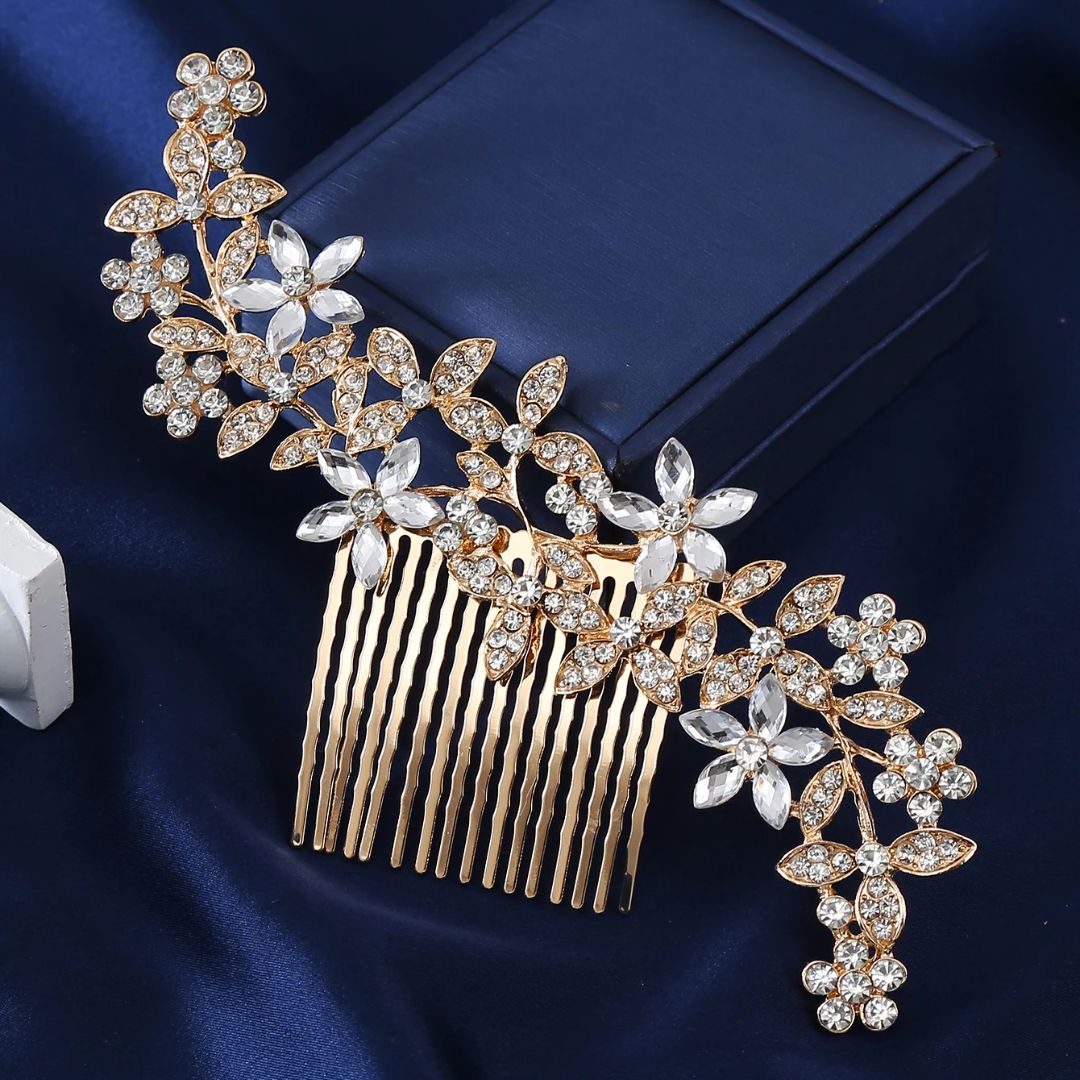 Eleganter Haarschmuck Hochzeit – Glamouröser Haarkamm mit Kristallblüten und Strass für Braut Haarschmuck 0