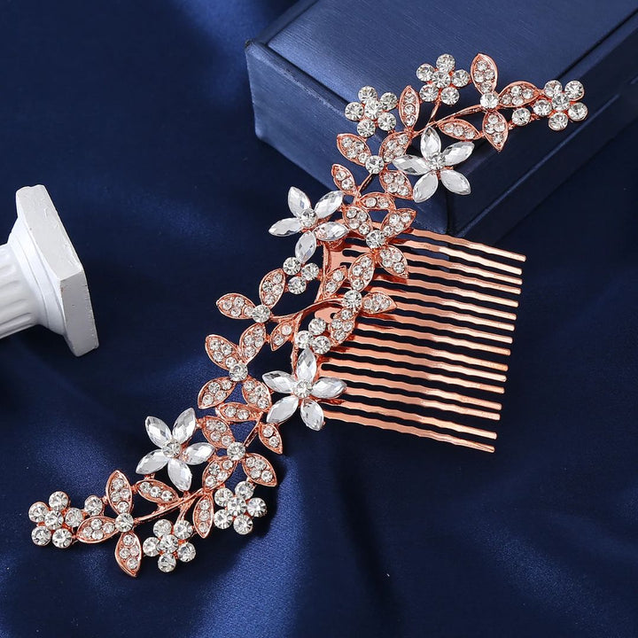 Eleganter Haarschmuck Hochzeit – Glamouröser Haarkamm mit Kristallblüten und Strass für Braut Haarschmuck 7