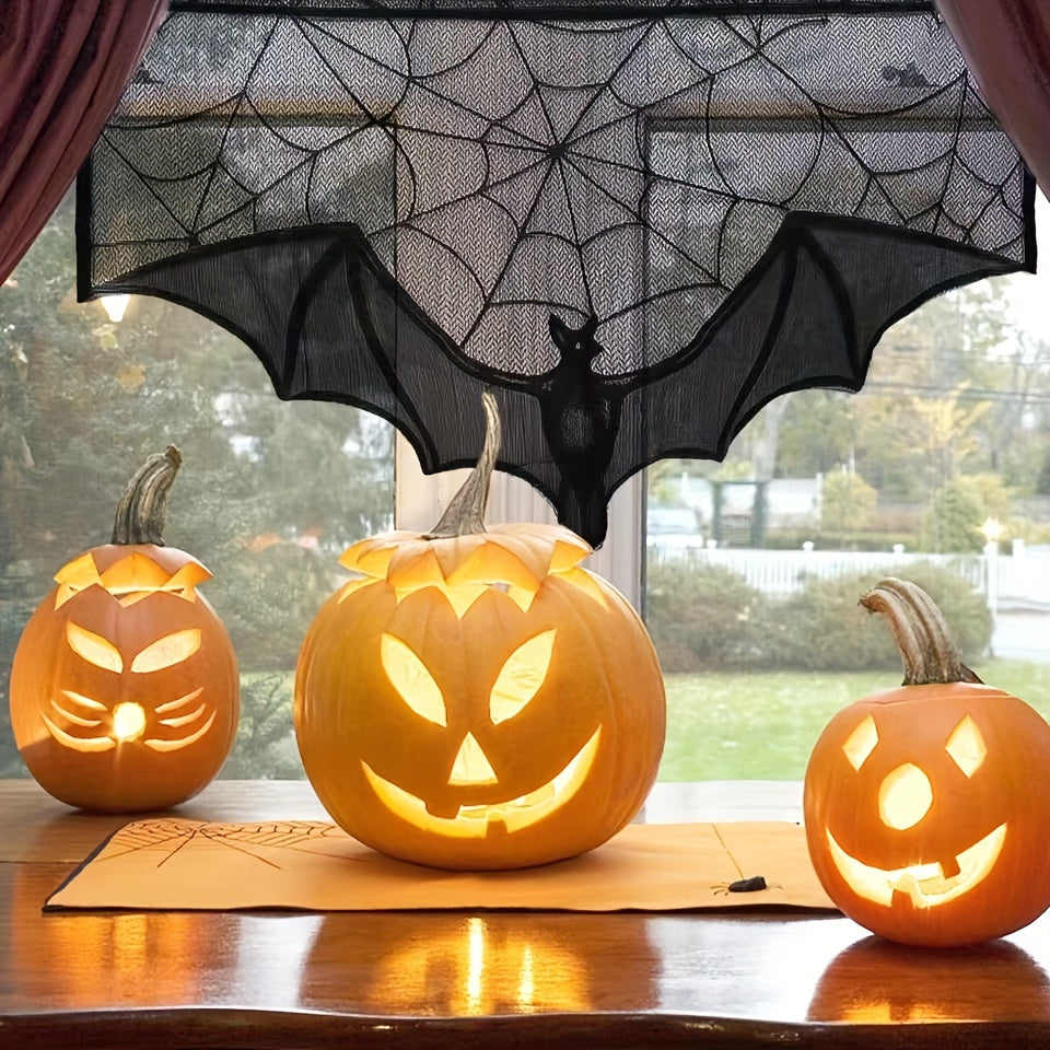 Eleganter Schwarzer Tischläufer Für Halloween Mit Spitzenmuster Und Spinnenmotiven 0