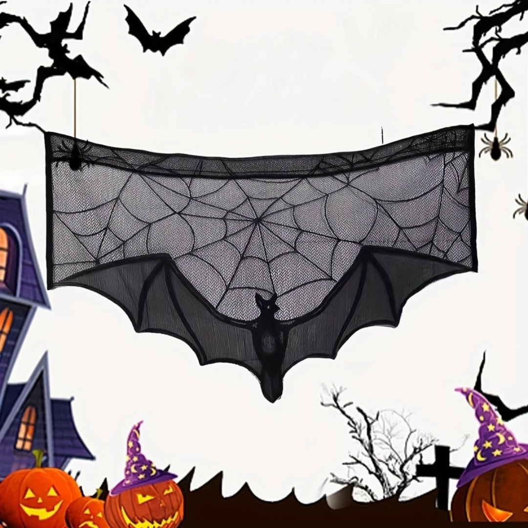 Eleganter Schwarzer Tischläufer Für Halloween Mit Spitzenmuster Und Spinnenmotiven 1
