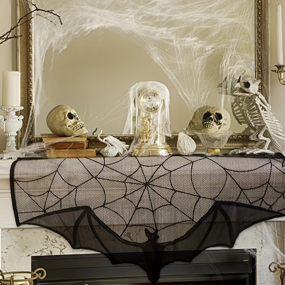 Eleganter Schwarzer Tischläufer Für Halloween Mit Spitzenmuster Und Spinnenmotiven 2