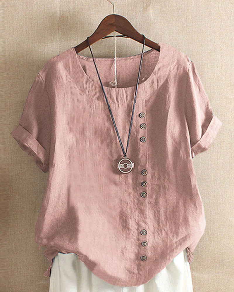 Emma – Klassisches T-Shirt Damen aus Baumwolle und Leinen mit Rundhalsausschnitt 0