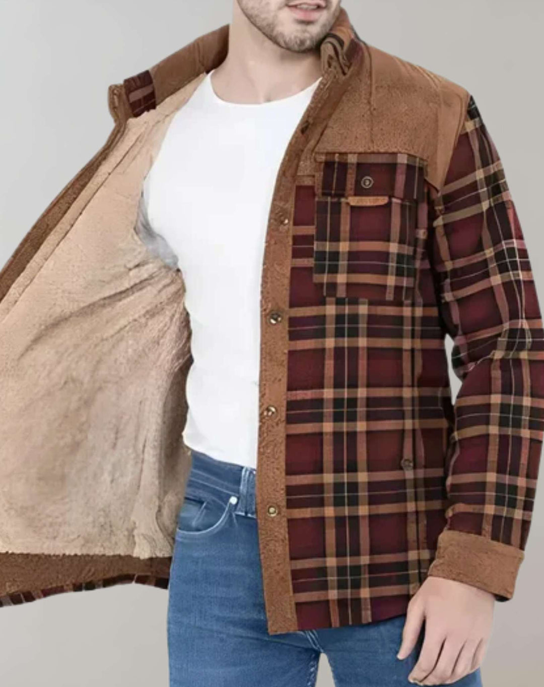 FlanelStijl – Herrenjacke mit Fleece-Fütterung und hohem Kragen, Karodesign 0