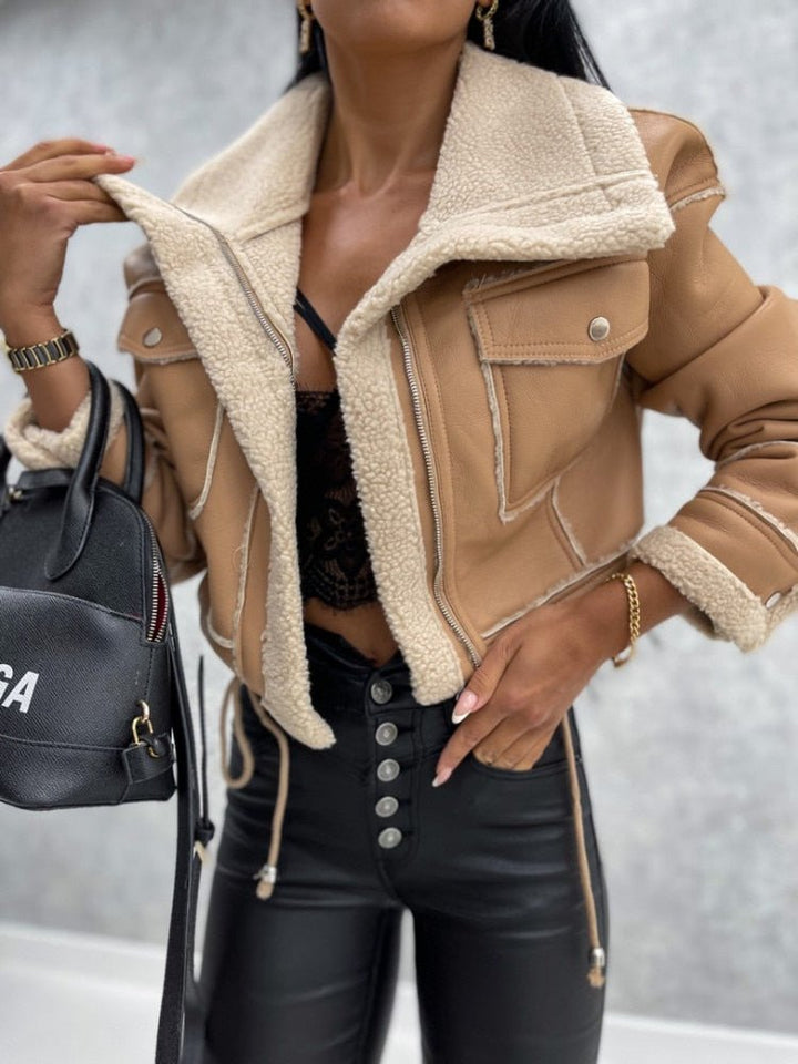 Fleece-gefütterte Lederjacke Damen – Modernes Design für Herbst und Winter 3