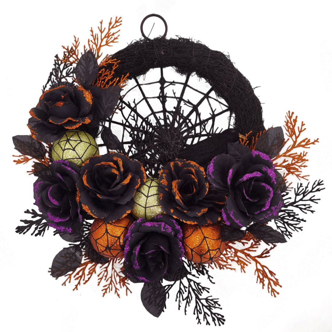 Gothic Floral Halloween Kranz mit Spinnennetz – Gruselige Türdekoration 0