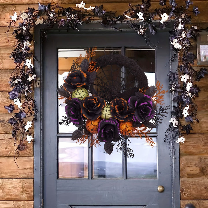 Gothic Floral Halloween Kranz mit Spinnennetz – Gruselige Türdekoration 4