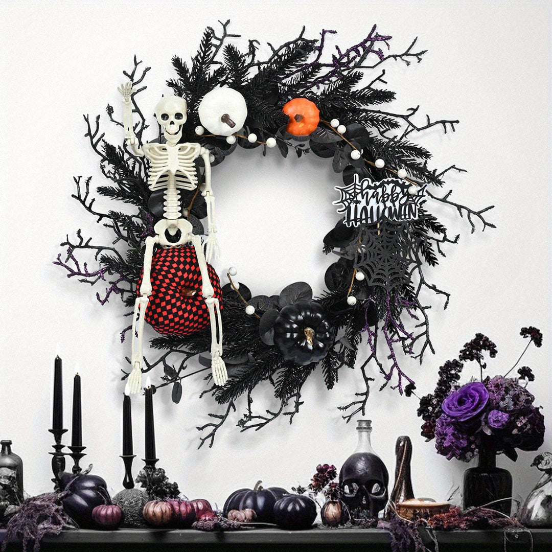 Gothic Halloween Kranz mit Skelett und Kürbissen – Spooky Wanddekoration 0
