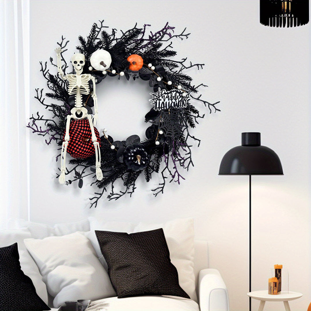 Gothic Halloween Kranz mit Skelett und Kürbissen – Spooky Wanddekoration 1