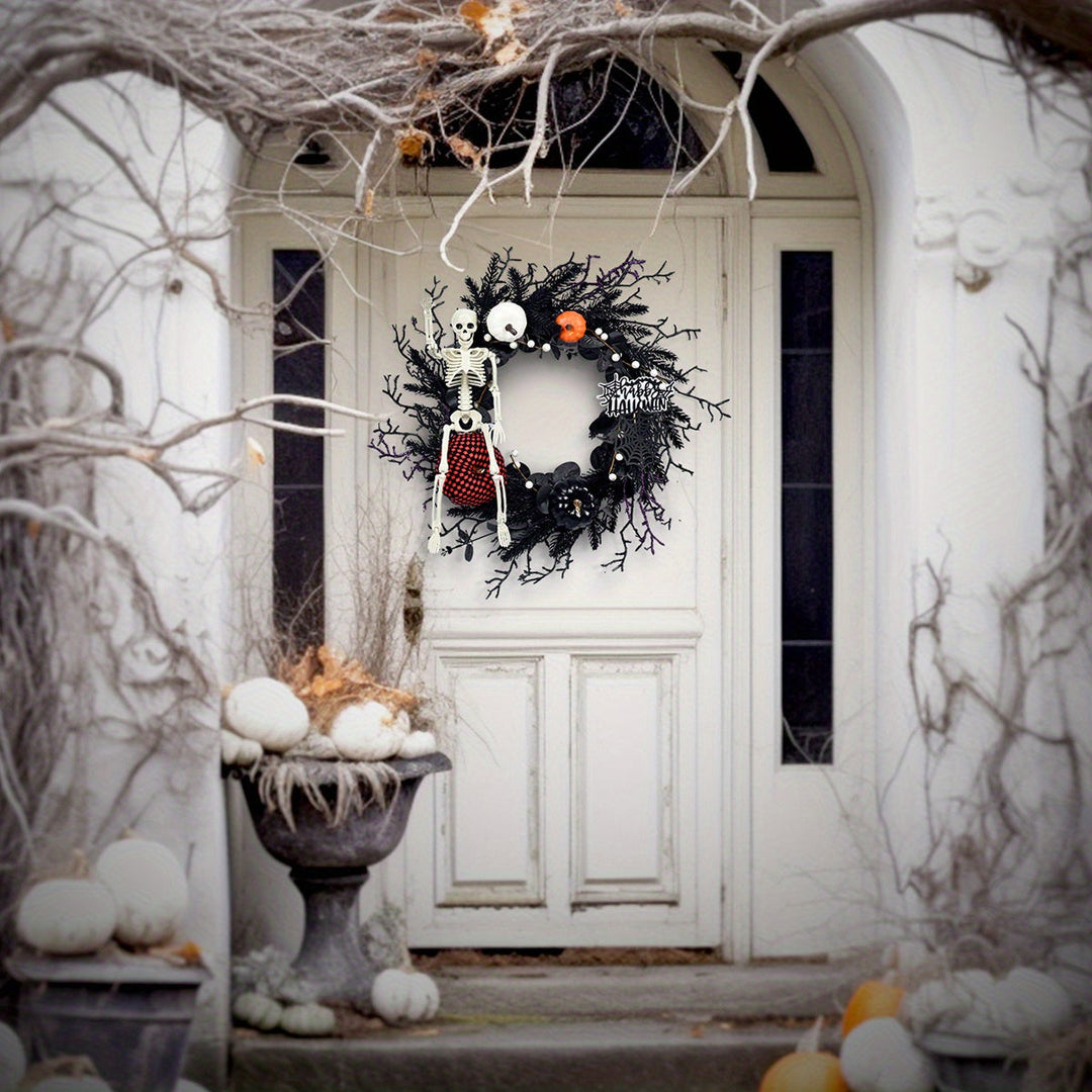Gothic Halloween Kranz mit Skelett und Kürbissen – Spooky Wanddekoration 2