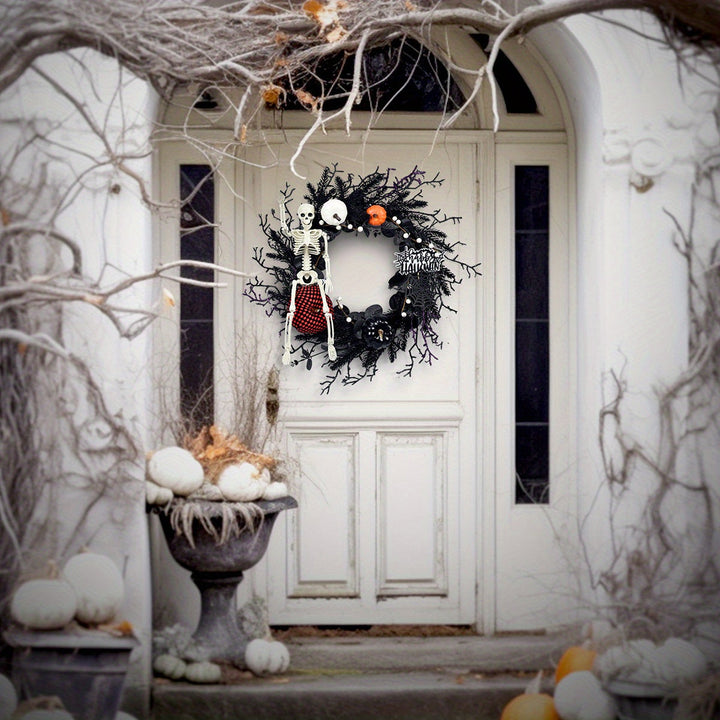 Gothic Halloween Kranz mit Skelett und Kürbissen – Spooky Wanddekoration 2