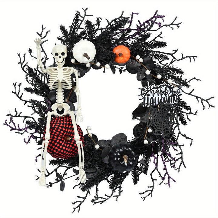 Gothic Halloween Kranz mit Skelett und Kürbissen – Spooky Wanddekoration 3