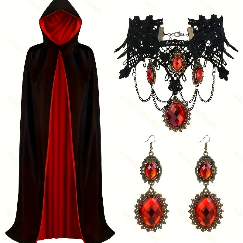 Gothic Vampir Kostüm Damen – Halloween Kostümset mit Kapuze, Umhang & Schmuck 0