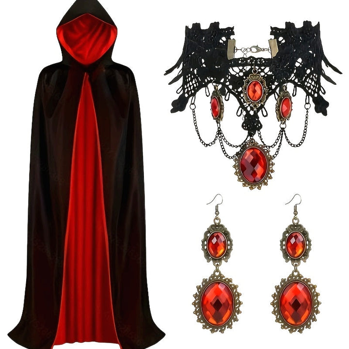 Gothic Vampir Kostüm Damen – Halloween Kostümset mit Kapuze, Umhang & Schmuck 2