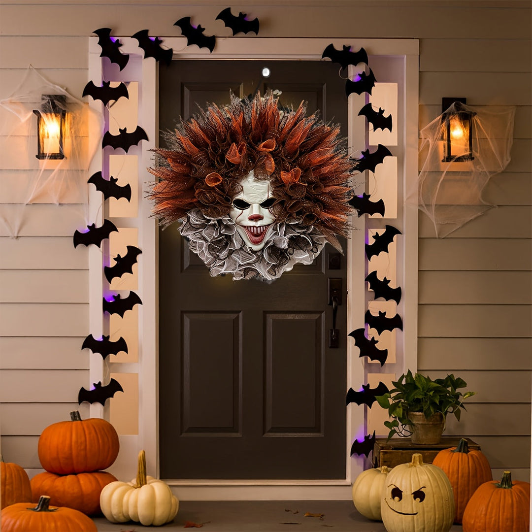 Gruselige Halloween-Dekoration – Überdimensionierte Clownkranz aus Netzmaterial für die Tür 0