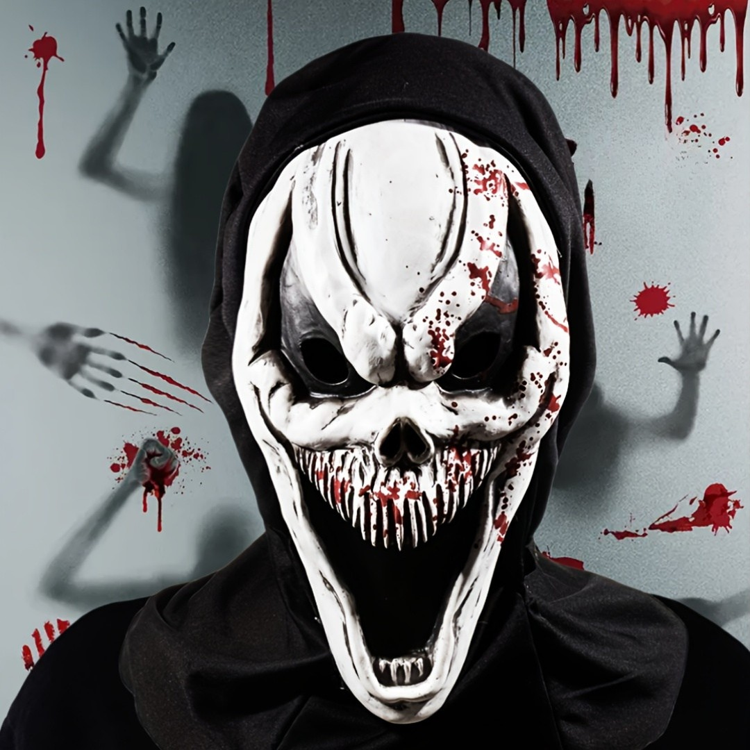 Gruselige Halloweenmaske – Vollkopf Skelett Maske mit Kapuze für Erwachsene 0