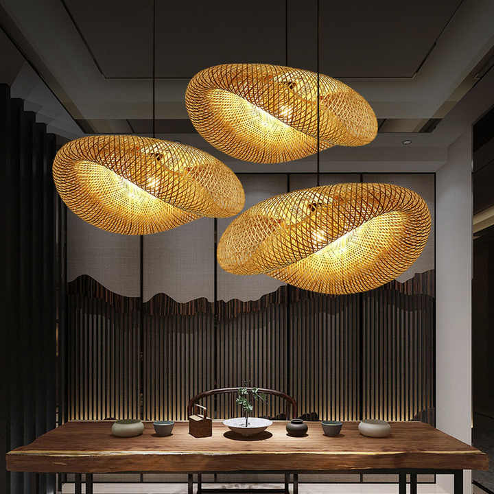 Handgefertigte Pendelleuchte aus Bambus mit Rattan-Wellenschirm für Esszimmer und Wohnzimmer 1