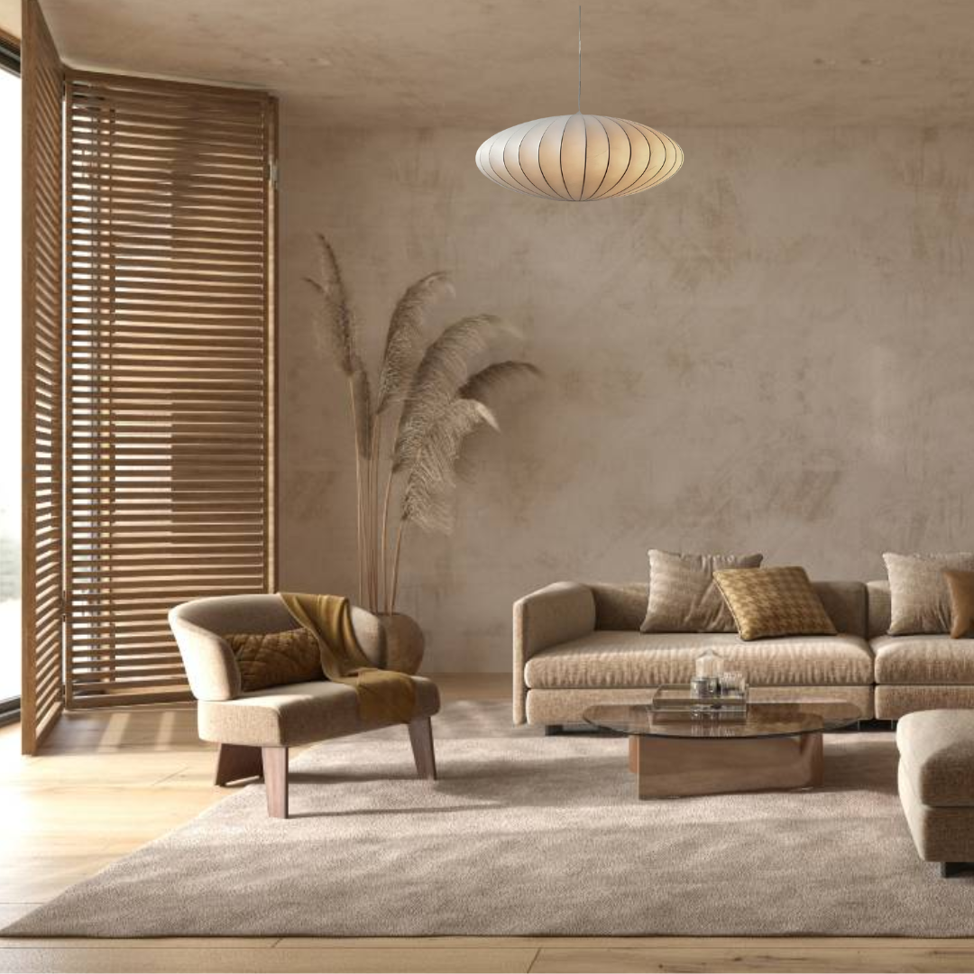 Japandi Pendelleuchte – Elegante Hängelampe aus Kunstseide für Esszimmer und Wohnzimmer 3