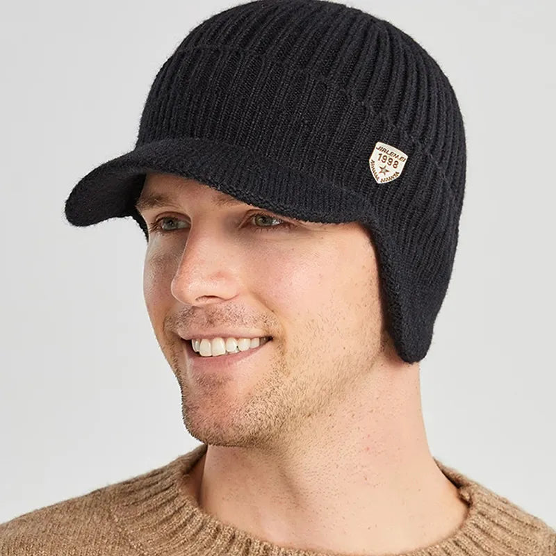 Kian Herren Mütze Winter mit Ohrenklappen aus Weichem Strickmaterial, Schwarz 0
