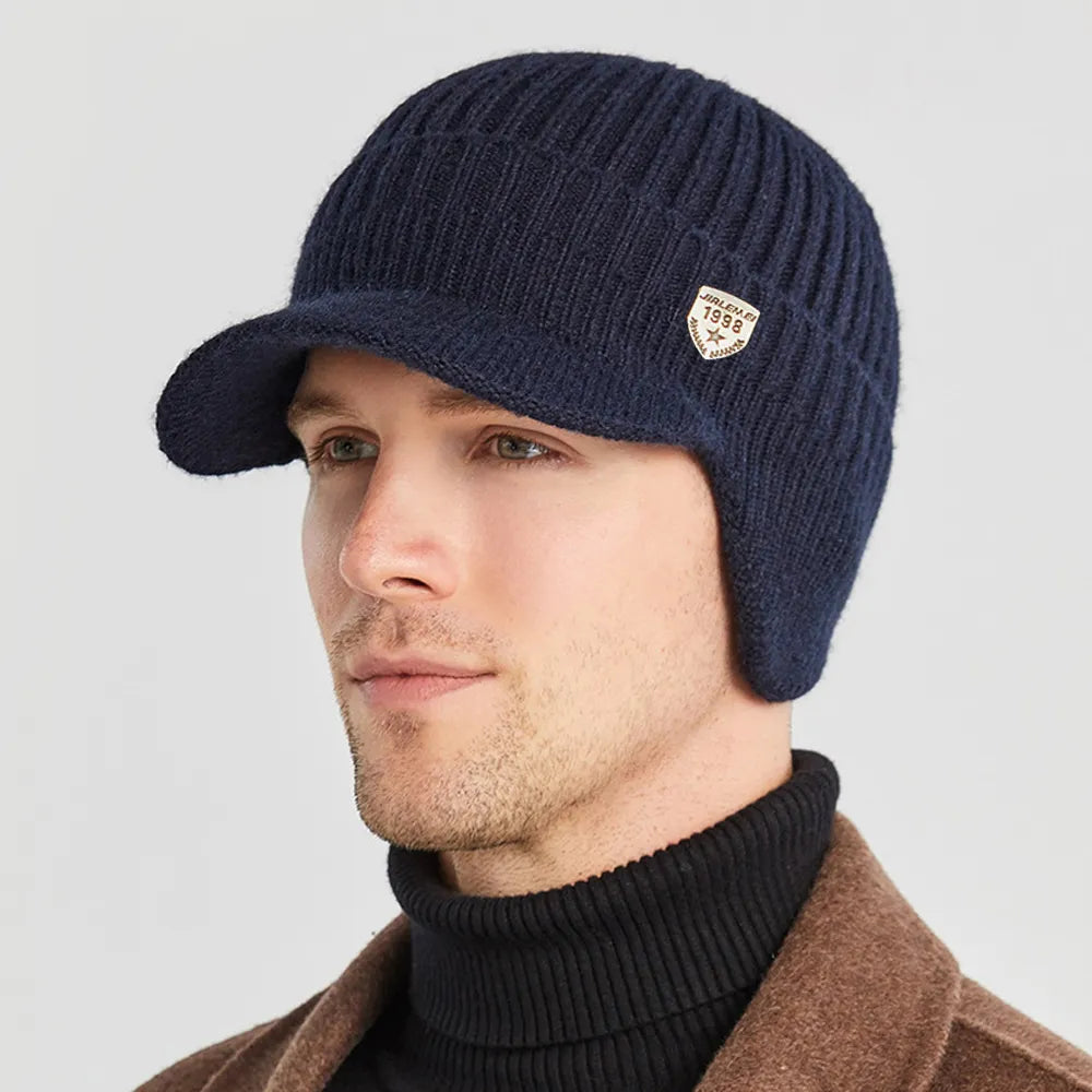 Kian Herren Mütze Winter mit Ohrenklappen aus Weichem Strickmaterial, Schwarz 1