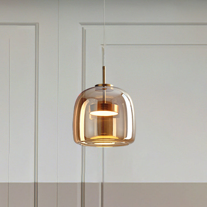 Retro Pendelleuchte aus Metall und Glas – Goldene Hängelampe für Schlafzimmer und Wohnräume, Energieeffiziente LED-Beleuchtung 5