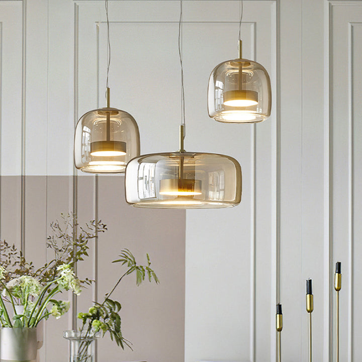Retro Pendelleuchte aus Metall und Glas – Goldene Hängelampe für Schlafzimmer und Wohnräume, Energieeffiziente LED-Beleuchtung 6
