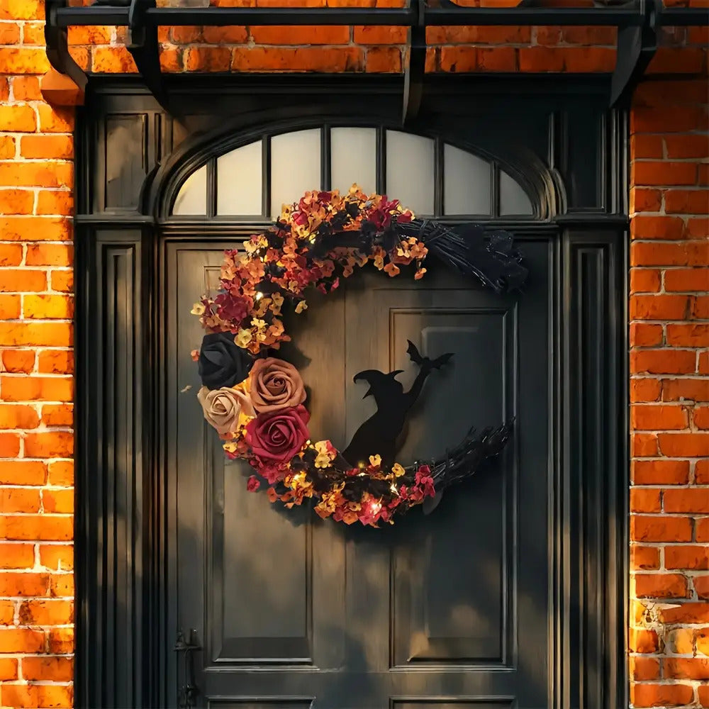 Rustikaler Halloween-Türkranz mit Mondform und Hexenmotiv aus Kunstblumen 1