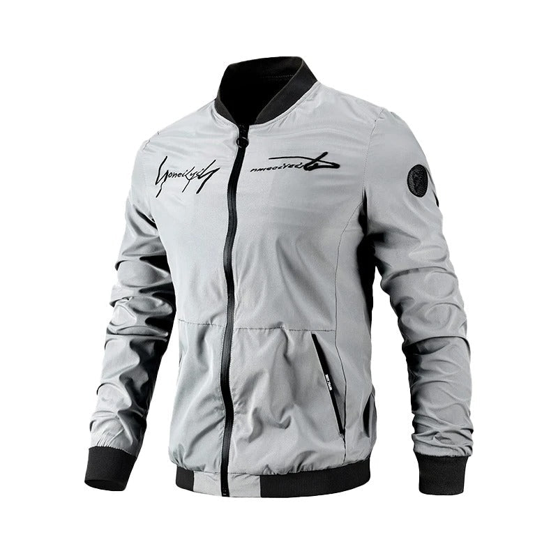 Stylische Herren Bomberjacke aus strapazierfähigem Polyester – Schwarz mit Stickmuster 1
