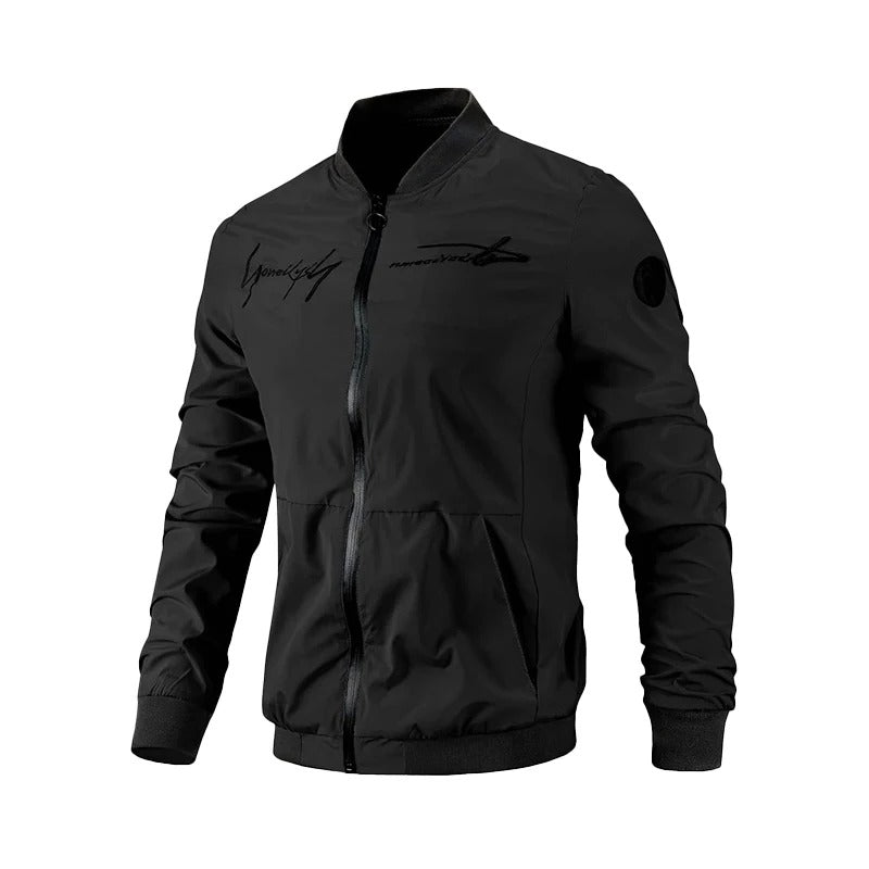 Stylische Herren Bomberjacke aus strapazierfähigem Polyester – Schwarz mit Stickmuster 2