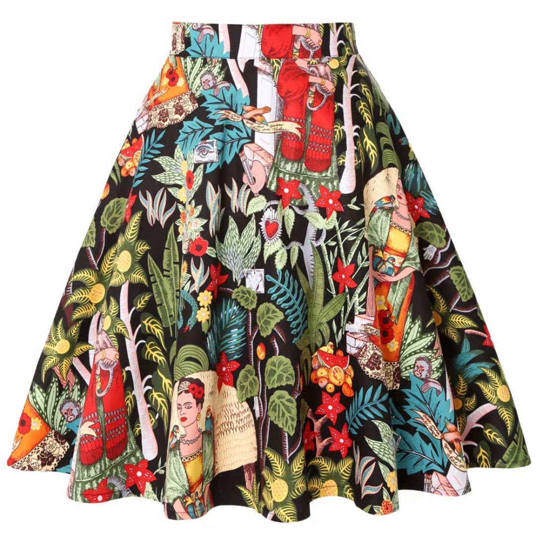 Trachtenrock Morgana – Retro-Vintage Baumwollrock mit Floralem Tierdruck, Midi-Länge, A-Linien-Schnitt 0