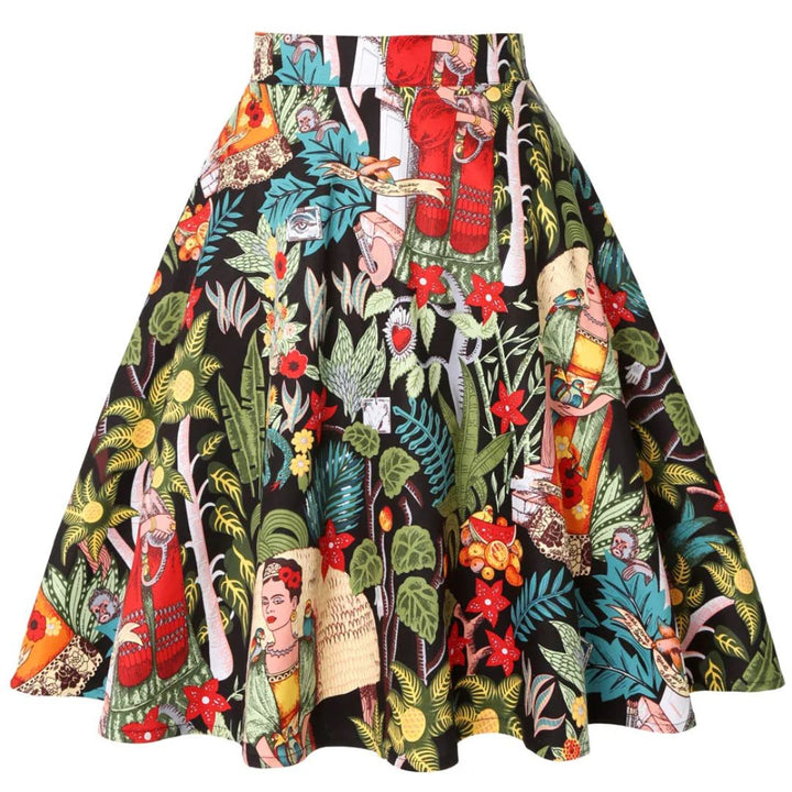 Trachtenrock Morgana – Retro-Vintage Baumwollrock mit Floralem Tierdruck, Midi-Länge, A-Linien-Schnitt 0